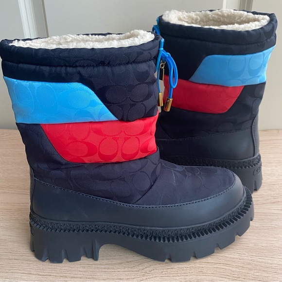 COACH PUFFER SNOW BOOTS COMBAT BOOTS NAVY/ RED Women- SZ 7 - Picture 12 of 14